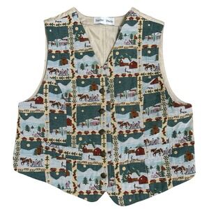 Vintage Baxter Wells Winter Tapestry Vest M Multi-Color Christmas Sleigh Snowman